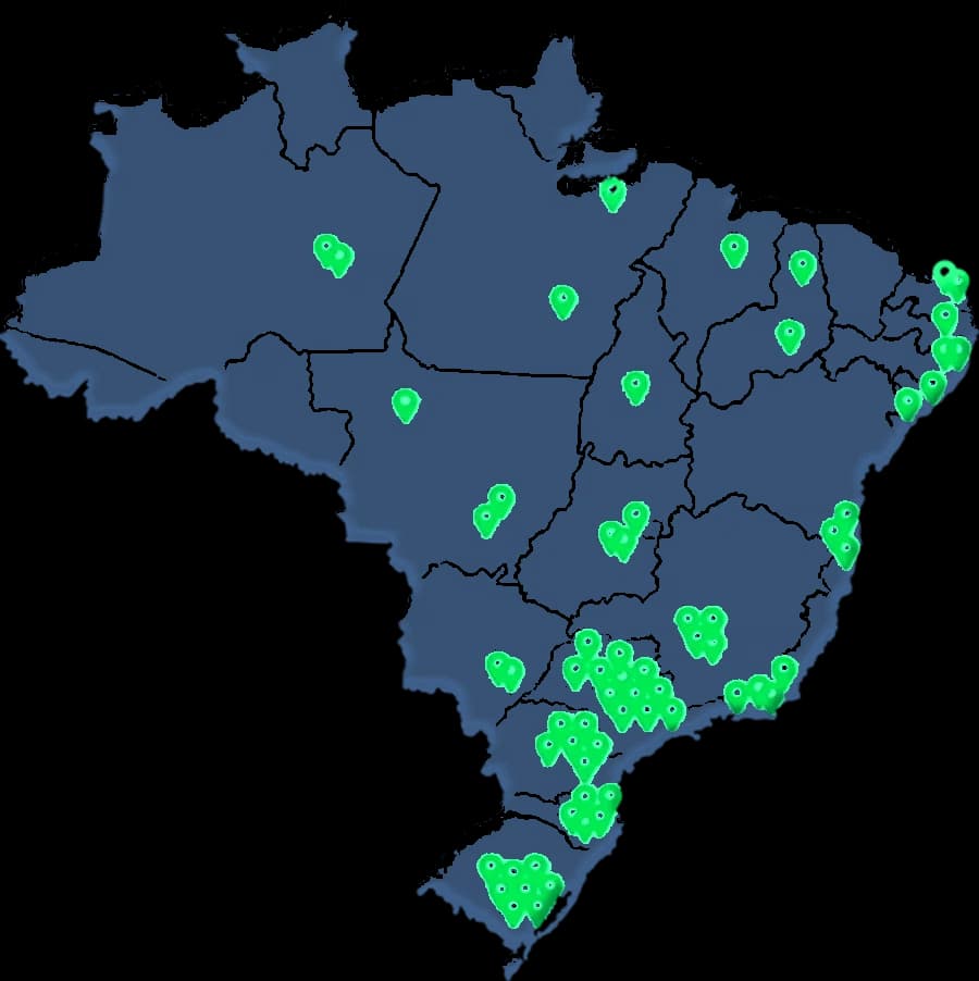Mapa do Brasil com as praças onde a MR Grow opera contas